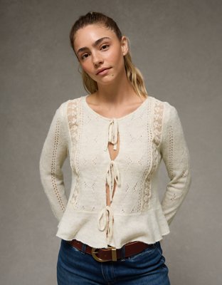 AE Lace Knit Tie-Front Cardigan
