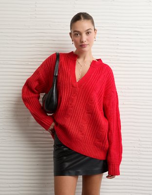 AE Whoa So Soft Notch Neck Cable Sweater