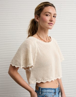 AE Off-the-Shoulder Cropped Crochet Tee