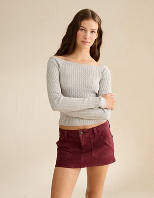 AE Fitted Off-the-Shoulder Cable Knit Sweater | American Eagle