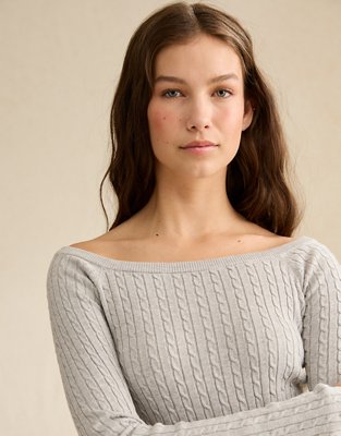 AE Fitted Off-the-Shoulder Cable Knit Sweater | American Eagle