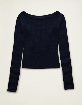 AE Fitted Off-the-Shoulder Cable Knit Sweater | American Eagle
