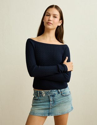 AE Fitted Off-the-Shoulder Cable Knit Sweater | American Eagle