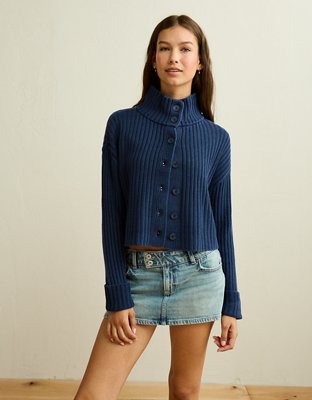 AE Button Up Mock Neck Cardigan Sweater