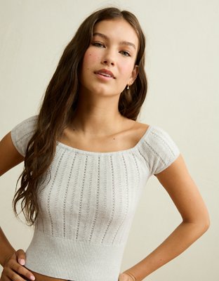 Женская футболка American Eagle AE Fitted Off-the-Shoulder Pointelle, цвет: Меланжевый морозный — фото 6