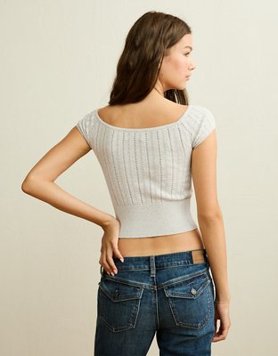 Женская футболка American Eagle AE Fitted Off-the-Shoulder Pointelle, цвет: Меланжевый морозный — фото 2