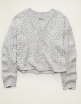 AE Whoa So Soft Cropped V-Neck Cable Knit Sweater