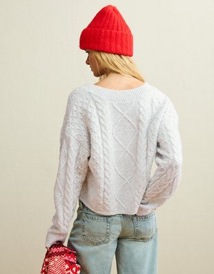 AE Whoa So Soft Cropped V-Neck Cable Knit Sweater