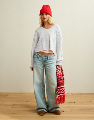 AE Whoa So Soft Cropped V-Neck Cable Knit Sweater