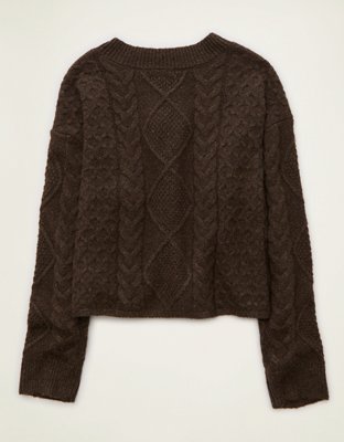 Женский свитер American Eagle AE Whoa So Soft Cropped V-Neck Cable Knit, цвет: Коричневый — фото 4