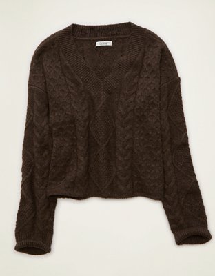 AE Whoa So Soft Cropped V-Neck Cable Knit Sweater