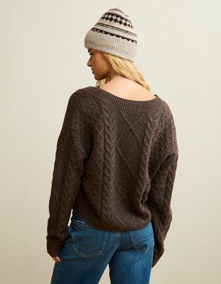 AE Whoa So Soft Cropped V-Neck Cable Knit Sweater