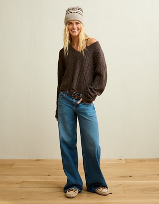 Женский свитер American Eagle AE Whoa So Soft Cropped V-Neck Cable Knit, цвет: Коричневый — фото 1