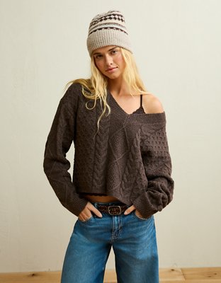 AE Whoa So Soft Cropped V-Neck Cable Knit Sweater