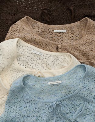 AE Pointelle Tie-Front Fitted Sweater
