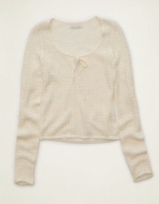 AE Pointelle Tie-Front Fitted Sweater