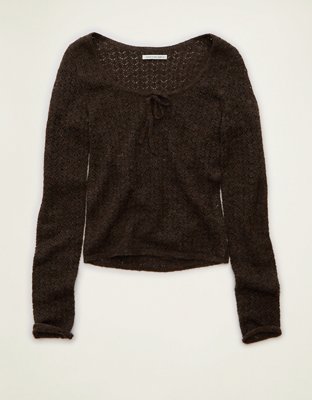 AE Pointelle Tie-Front Fitted Sweater