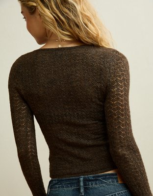 AE Pointelle Tie-Front Fitted Sweater