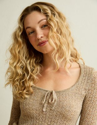 AE Pointelle Tie-Front Fitted Sweater
