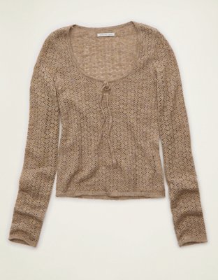 AE Pointelle Tie-Front Fitted Sweater