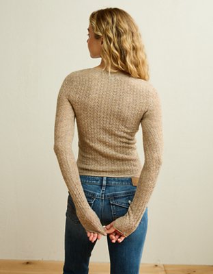 AE Pointelle Tie-Front Fitted Sweater