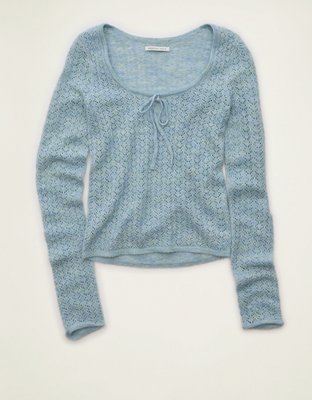 AE Pointelle Tie-Front Fitted Sweater