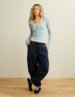 AE Pointelle Tie-Front Fitted Sweater