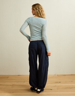 AE Pointelle Tie-Front Fitted Sweater