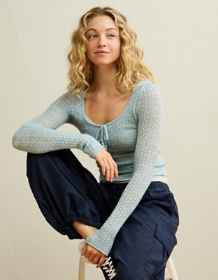 AE Pointelle Tie-Front Fitted Sweater