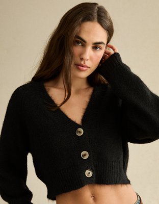 Женский кардиган American Eagle AE Boxy Cropped Raglan Cardigan, цвет: Насыщенный чёрный — фото 1