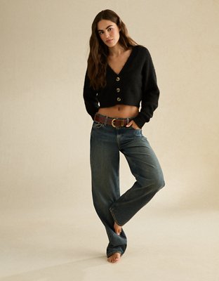 Женский кардиган American Eagle AE Boxy Cropped Raglan Cardigan, цвет: Насыщенный чёрный — фото 4