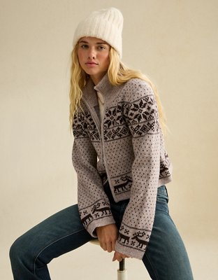 Женский свитер American Eagle AE Full-Zip Mock Neck, цвет: Коричневый — фото 1