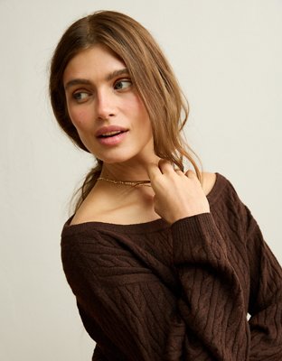 Женский свитер American Eagle AE Whoa So Soft Cable Knit Boatneck Pullover, цвет: Тёмный коричневый — фото 6