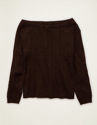 Женский свитер American Eagle AE Whoa So Soft Cable Knit Boatneck Pullover, цвет: Тёмный коричневый — фото 3