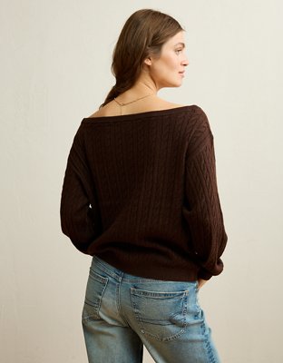 Женский свитер American Eagle AE Whoa So Soft Cable Knit Boatneck Pullover, цвет: Тёмный коричневый — фото 2