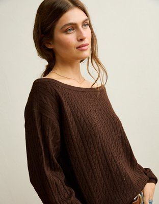 Женский свитер American Eagle AE Whoa So Soft Cable Knit Boatneck Pullover, цвет: Тёмный коричневый — фото 1