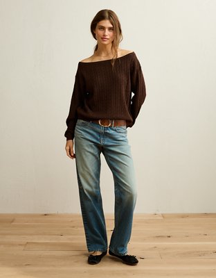 Женский свитер American Eagle AE Whoa So Soft Cable Knit Boatneck Pullover, цвет: Тёмный коричневый — фото 4