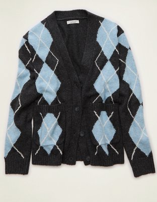 AE Whoa So Soft Oversized Argyle Cardigan Sweater