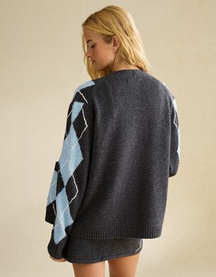 AE Whoa So Soft Oversized Argyle Cardigan Sweater