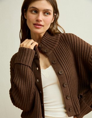 AE Button Up Mock Neck Cardigan Sweater