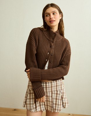 AE Button Up Mock Neck Cardigan Sweater