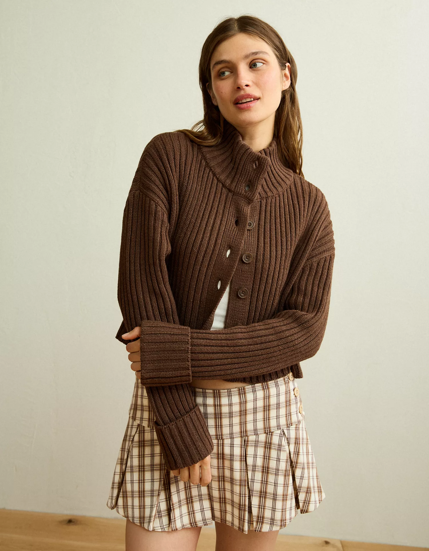 AE Button Up Mock Neck Cardigan Sweater
