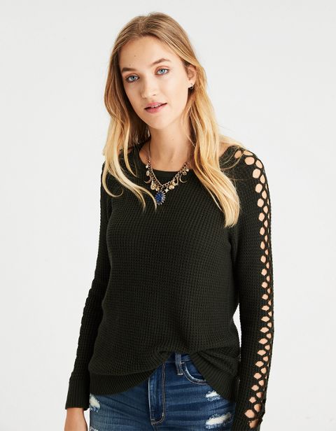 Женские свитеры American Eagle AE Netted-Sleeve Waffle Knit Sweater
