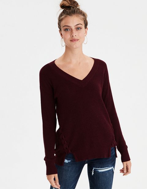 Женские свитеры American Eagle AE V-Neck Lace Up Long Sweater