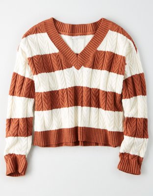 AE Striped V-Neck Cable Sweater