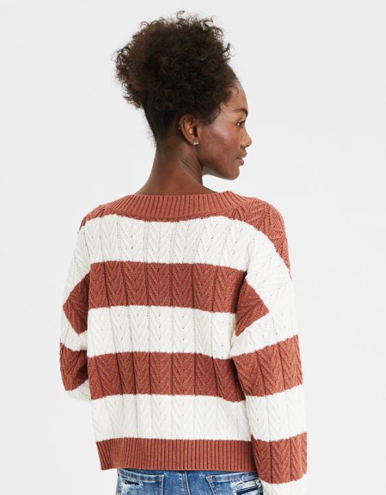 AE Striped V-Neck Cable Sweater