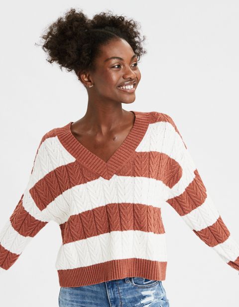 Женские свитеры American Eagle AE Striped V-Neck Cable Sweater