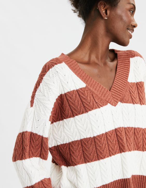 AE Striped V-Neck Cable Sweater