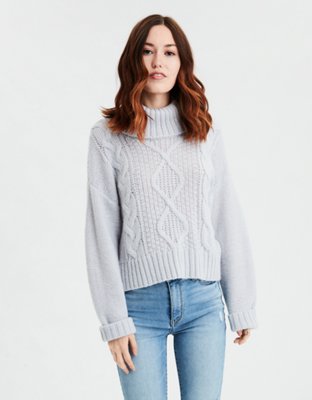 AE Cropped Cable Knit Turtleneck Sweater