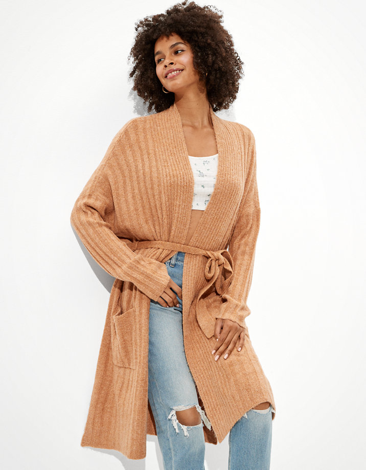 tan belted cardigan